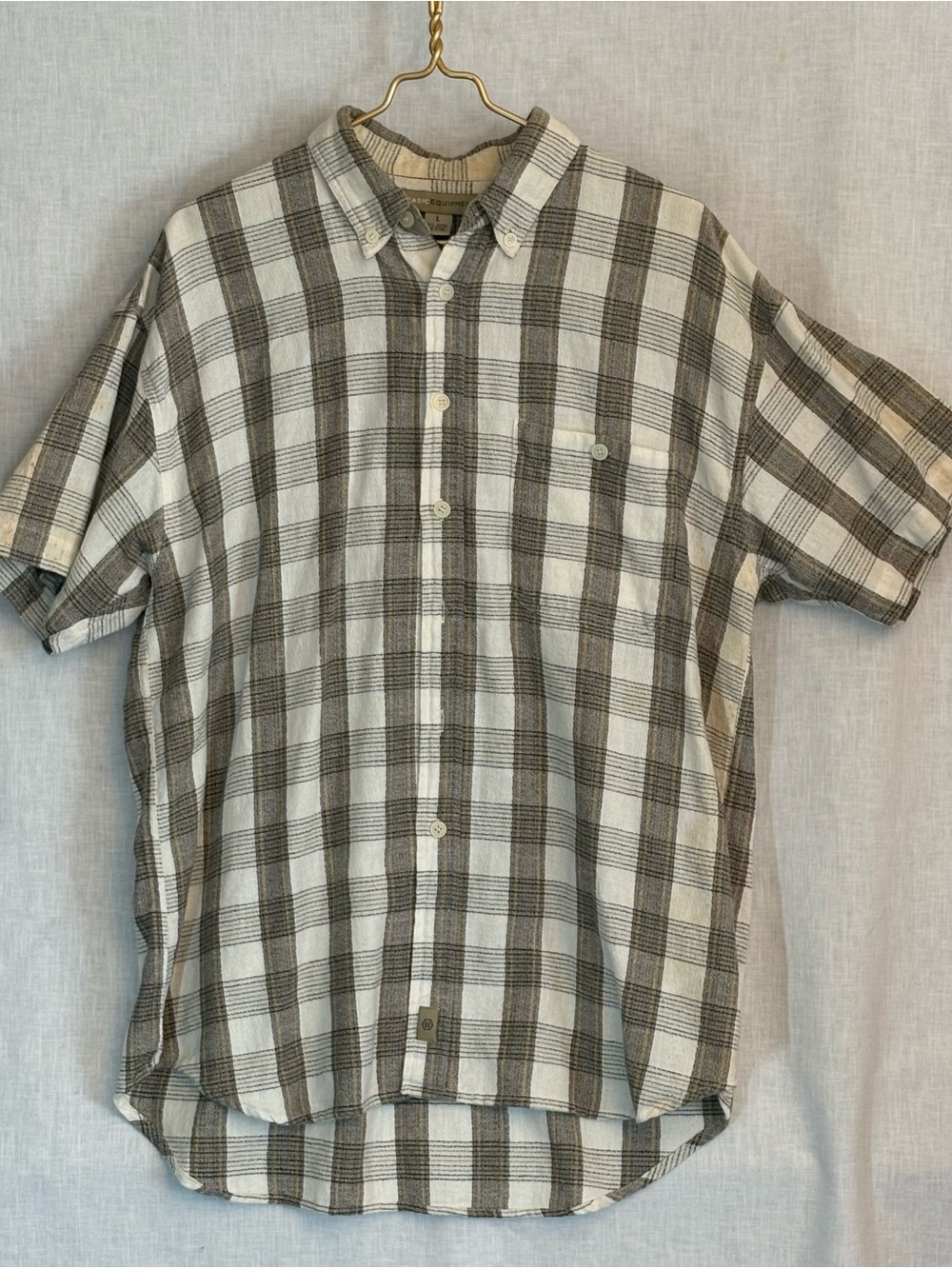 Basic Equipment Men's Short-Sleeve Button-Down Plaid Shirt - Cream & Brown L